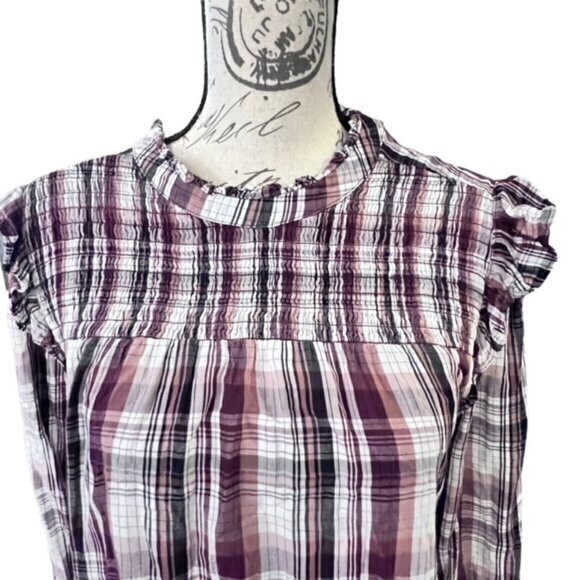 Ann Taylor LOFT Womens Button Up Shirt Blouse Medium Long Sleeve Plaid High Neck - Picture 2 of 14